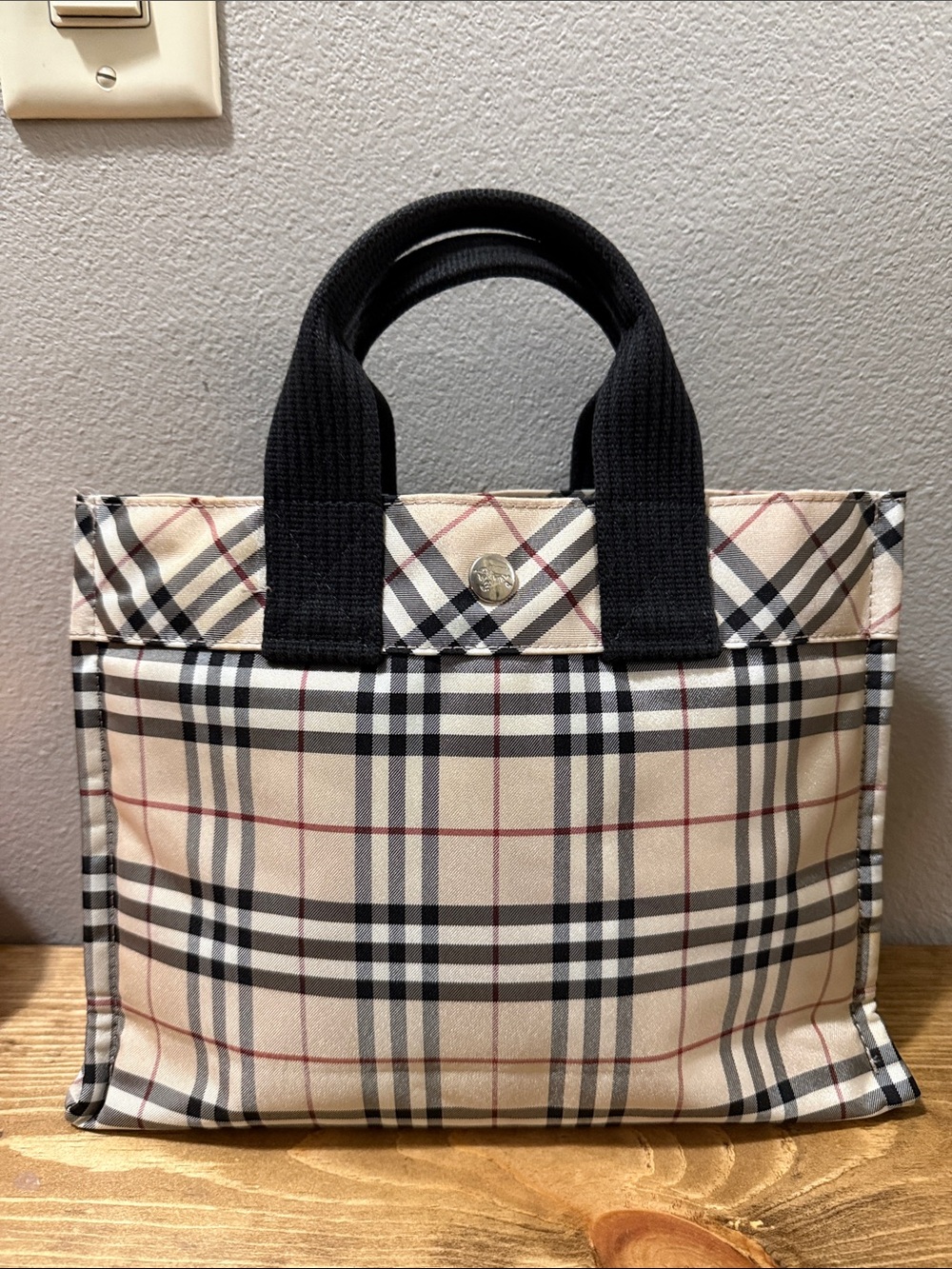 Burberry Check Canvas Tote in Beige, Black and Red
